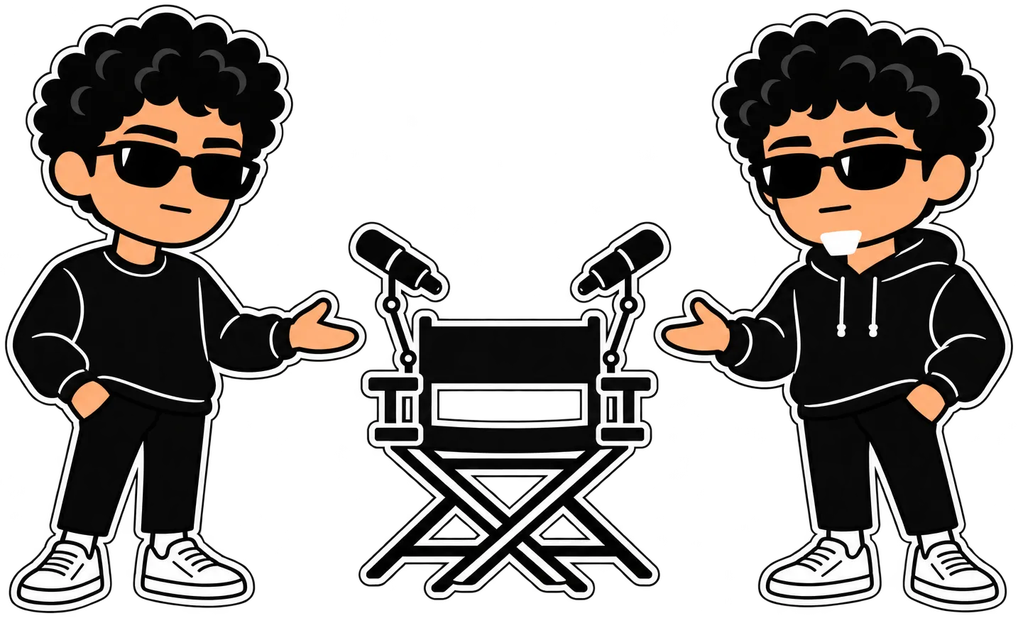 Aly and Mo standing either side of an empty director’s chair with two microphones, inviting someone to sit.