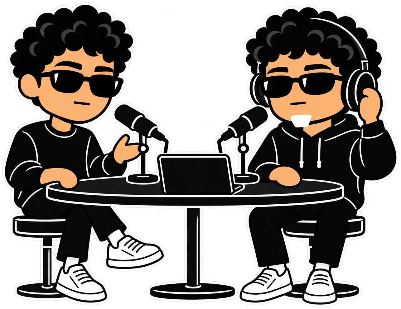 Aly and Mo at a podcast desk with microphones, a laptop and headphones.